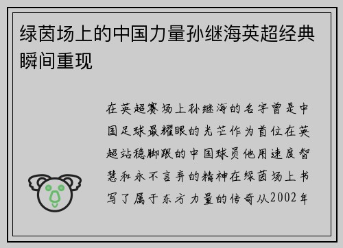 绿茵场上的中国力量孙继海英超经典瞬间重现