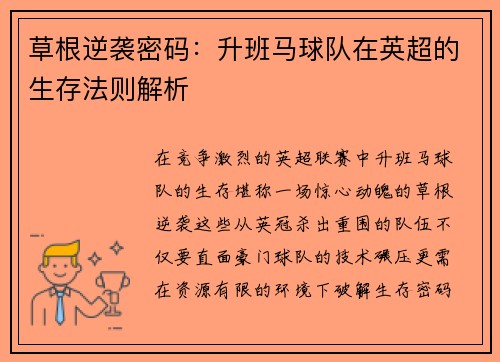 草根逆袭密码：升班马球队在英超的生存法则解析